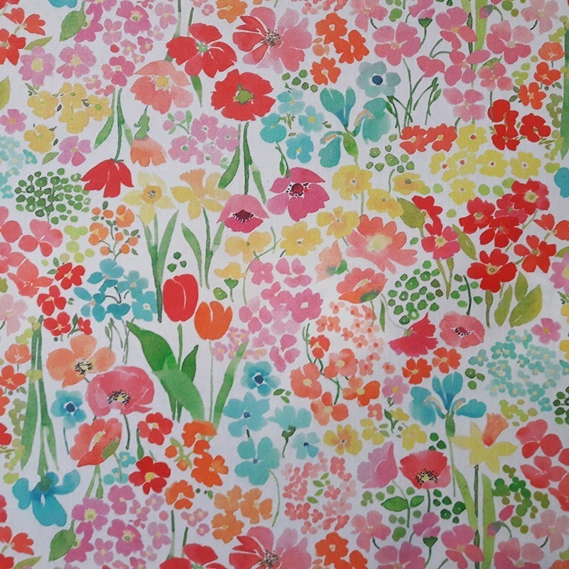 Tissu en coton enduit Jardin fleuri corail