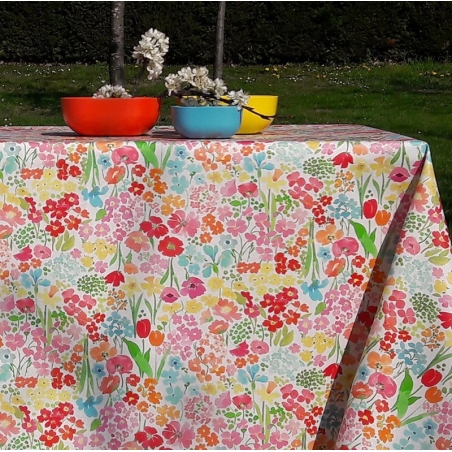 Tissu en coton enduit Jardin fleuri corail