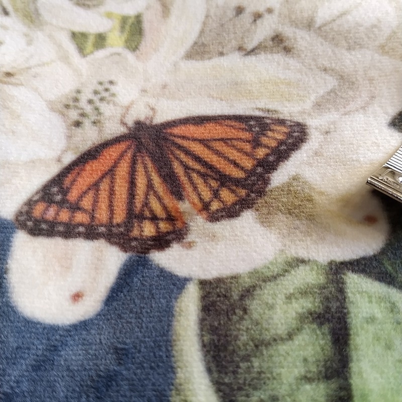 Tissus en velours au mètre singe et perroquets bleu pétrole